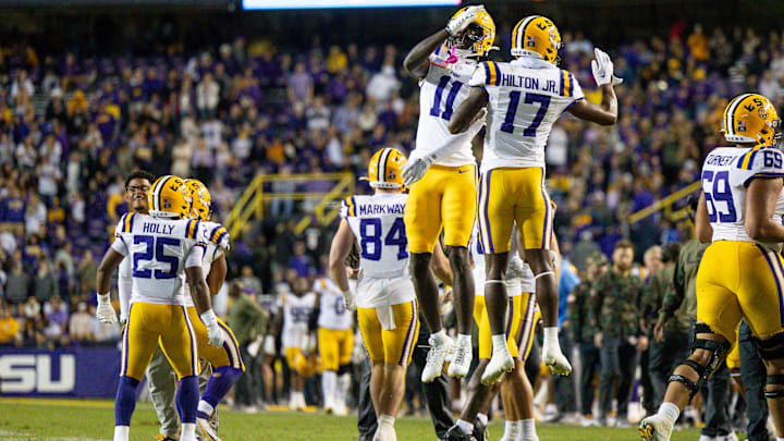 Nov 11, 2023; Baton Rouge, Louisiana, USA;  LSU Tigers wide receiver Chris Hilton Jr. (17) and wide