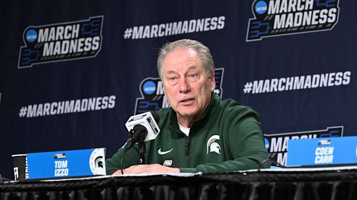 Mar 21, 2026; Buffalo, NY, USA;Michigan State Spartans head coach Tom Izzo speaks with media after the game against the Louisville Cardinals during a second round game of the men's 2026 NCAA Tournament at Keybank Center. Mandatory Credit: Mark Konezny-Imagn Images