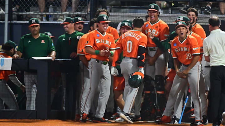 Miami Hurricanes second baseman Dorian Gonzalez, Jr. (0) reacts after scoring against the Southern Miss Golden Eagles during the final game of the 2025 NCAA Hattiesburg Regional game at Pete Taylor Park in Hattiesburg, Mississippi, on June 2, 2025. Miami Hurricanes second baseman Dorian Gonzalez, Jr. (0) reacts after scoring against the Southern Miss Golden Eagles during the final game of the 2025 NCAA Hattiesburg Regional game at Pete Taylor Park in Hattiesburg, Mississippi, on June 2, 2025.