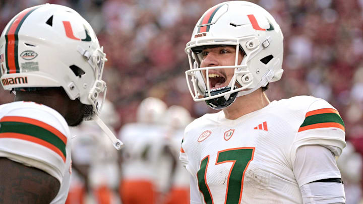 Nov 11, 2023; Tallahassee, Florida, USA; Miami Hurricanes quarterback Emory Williams (17) celebrates