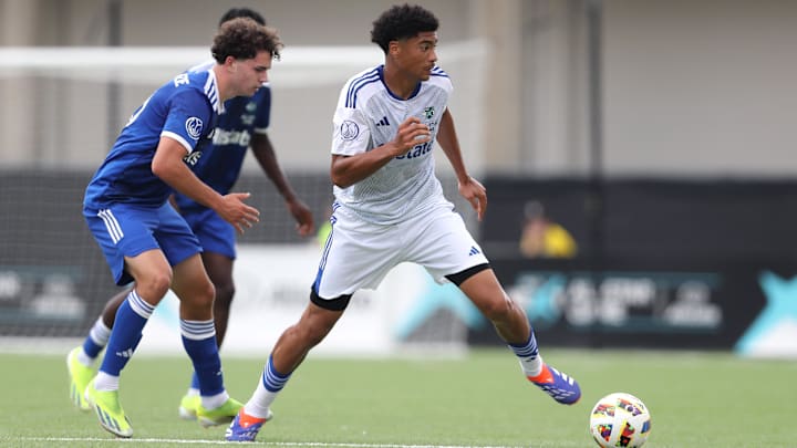 MLS NEXT East defender Chris Applewhite of Nashville SC (3) controls the ball while defended by MLS NEXT  