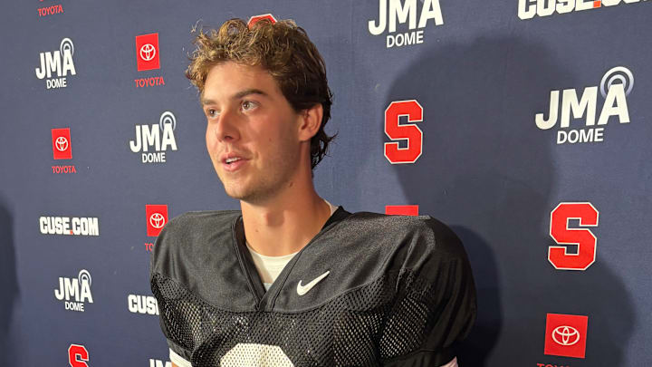 Aug 22, 2024; Syracuse, New York, USA; Syracuse quarterback Steve Angeli addresses the media following practice at the John A. Lally Athletics Complex. Mandatory Credit: Tim Wilcox-The Juice Online/On SI.
