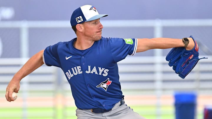 Feb 20, 2025: Toronto Blue Jays pitcher Chris Bassitt (40) throws the ball during spring training  at Cecil B. Englebert Complex.  