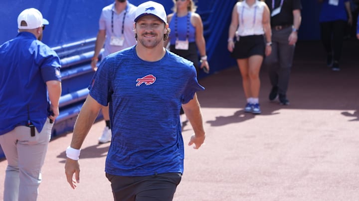 Buffalo Bills quarterback Josh Allen walks out onto the field prior to the game against the New York Giants. Buffalo Bills quarterback Josh Allen walks out onto the field prior to the game against the New York Giants.