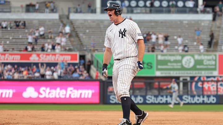Aug 4, 2024; Bronx, New York, USA; New York Yankees third baseman DJ LeMahieu (26) celebrates after hitting a game-winning RBI singe during the tenth inning against the Toronto Blue Jays at Yankee Stadium. Mandatory Credit: Vincent Carchietta-Imagn Images Aug 4, 2024; Bronx, New York, USA; New York Yankees third baseman DJ LeMahieu (26) celebrates after hitting a game-winning RBI singe during the tenth inning against the Toronto Blue Jays at Yankee Stadium. Mandatory Credit: Vincent Carchietta-Imagn Images
