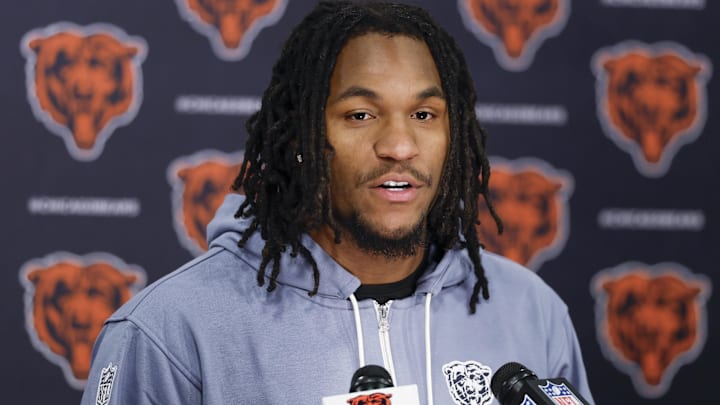 May 9, 2025; Lake Forest, IL, USA; Chicago Bears wide receiver Luther Burden III speaks during the Rookie Minicamp at Halas Hall. Mandatory Credit: Kamil Krzaczynski-Imagn Images