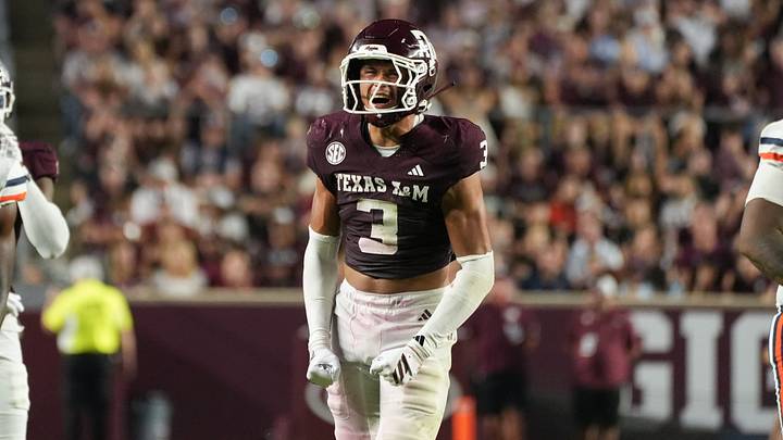 Aug 30, 2025; College Station, Texas, USA; Texas A&M Aggies safety Marcus Ratcliffe (3) celebrates during the second half against the UTSA Roadrunners at Kyle Field. Mandatory Credit: Sean Thomas-Imagn Images