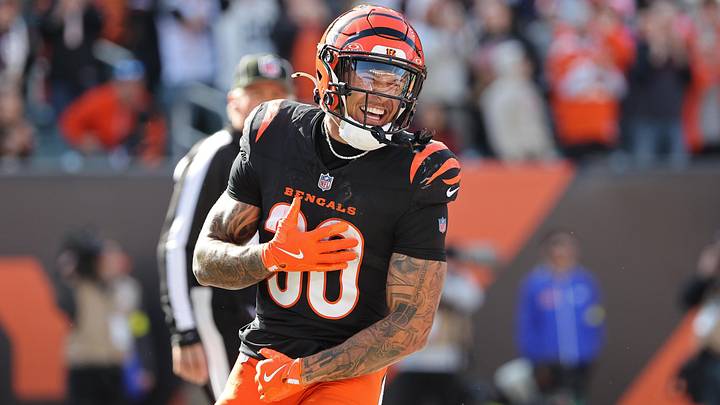Oct 26, 2025; Cincinnati, Ohio, USA; Cincinnati Bengals running back Chase Brown (30) celebrates scoring a touchdown during the second quarter against the New York Jets at Paycor Stadium. Mandatory Credit: Joseph Maiorana-Imagn Images