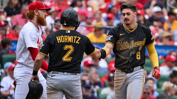 May 21, 2026; St. Louis, Missouri, USA; Pittsburgh Pirates shortstop Konnor Griffin (6) celebrates with first baseman Spencer Horwitz (2) after they both scored against the St. Louis Cardinals during the sixth inning at Busch Stadium. Mandatory Credit: Jeff Curry-Imagn Images