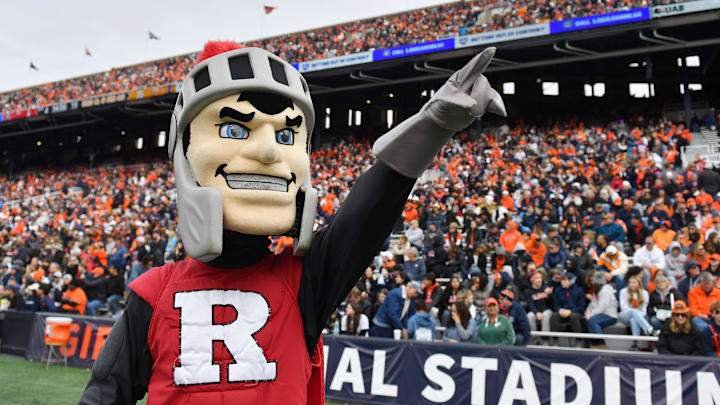 Nov 1, 2025; Champaign, Illinois, USA;  The Rutgers Scarlet Knights mascot  during the second half against the Illinois Fighting Illini  at Memorial Stadium. Mandatory Credit: Ron Johnson-Imagn Images