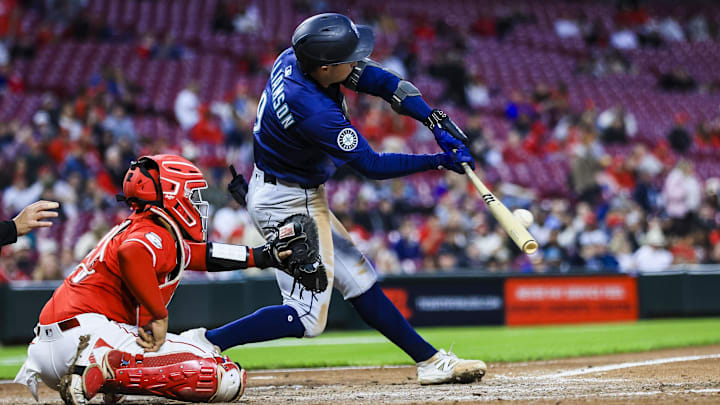 Seattle Mariners third baseman Ben Williamson gets a hit against the Cincinnati Reds on April 16 at Great American Ballpark.