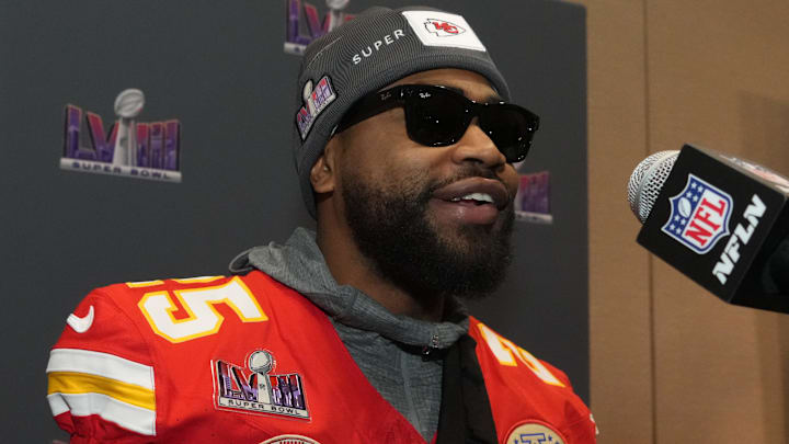 Feb 7, 2024; Las Vegas, NV, USA; Kansas City Chiefs running back Clyde Edwards-Helaire (25) during a press conference before Super Bowl LVIII at Westin Lake Las Vegas Resort and Spa. Mandatory Credit: Kirby Lee-Imagn Images