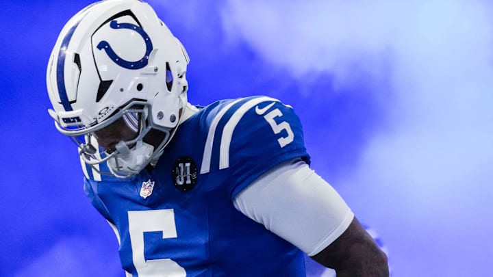 Oct 5, 2025; Indianapolis, Indiana, USA; Indianapolis Colts quarterback Anthony Richardson (5) runs onto the field during a game against the Las Vegas Raiders at Lucas Oil Stadium. Mandatory Credit: Grace Smith-USA TODAY Network via Imagn Images