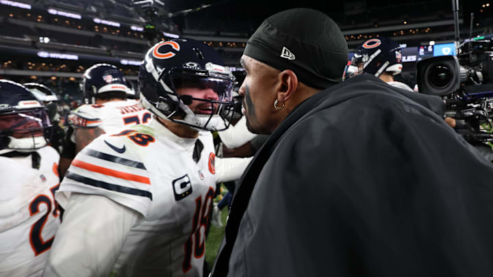 Nov 28, 2025; Philadelphia, Pennsylvania, USA; Chicago Bears quarterback Caleb Williams (18) speaks with Philadelphia Eagles quarterback Jalen Hurts (1) after the game at Lincoln Financial Field. Mandatory Credit: Bill Streicher-Imagn Images Nov 28, 2025; Philadelphia, Pennsylvania, USA; Chicago Bears quarterback Caleb Williams (18) speaks with Philadelphia Eagles quarterback Jalen Hurts (1) after the game at Lincoln Financial Field. Mandatory Credit: Bill Streicher-Imagn Images