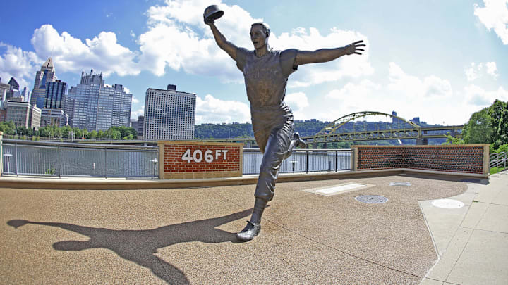 Jul 28, 2020; Pittsburgh, Pennsylvania, USA; Statue depicting the 1960 World Series home run hit by former Pittsburgh Pirates second baseman Bill Mazeroski (not pictured) outside of PNC Park before the Pirates host the Milwaukee Brewers. Mandatory Credit: Charles LeClaire-Imagn Images
