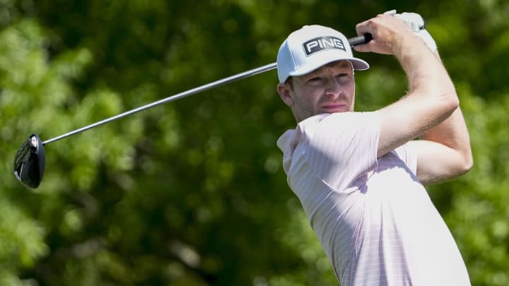 Apr 10, 2025; Augusta, Georgia, USA; Brian Campbell tees off on no. 5 during the first round of the Masters Tournament. Mandatory Credit: Kyle Terada-Imagn Images