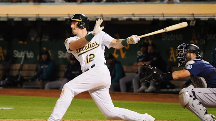 Sep 20, 2022; Oakland, California, USA; Oakland Athletics catcher Sean Murphy (12) hits an RBI