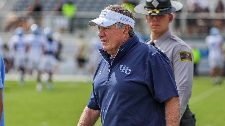 Sep 20, 2025; Orlando, Florida, USA; North Carolina Tar Heels head coach Bill Belichick walks into the field before the game against the UCF Knights at the Bounce House Stadium. Mandatory Credit: Mike Watters-Imagn Images