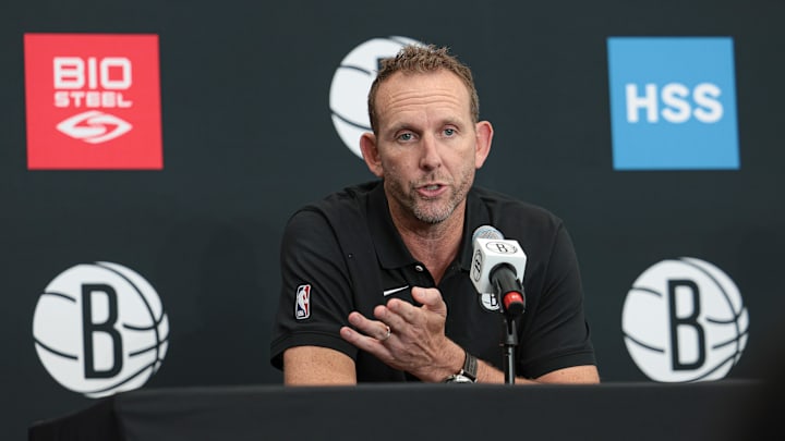 Sep 26, 2022; Brooklyn, NY, USA; Brooklyn Nets general manager Sean Marks talks to the media during