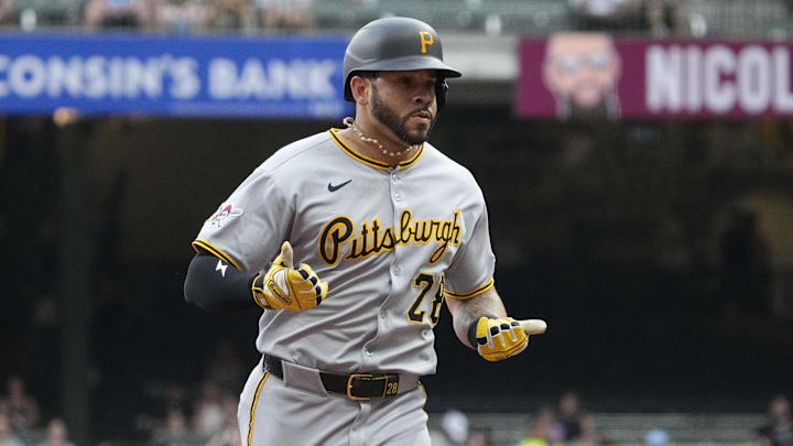 Jun 23, 2025; Milwaukee, Wisconsin, USA; Pittsburgh Pirates outfielder Tommy Pham (28) celebrates after hitting a home run against the Milwaukee Brewers in the fourth inning at American Family Field. Mandatory Credit: Michael McLoone-Imagn Images