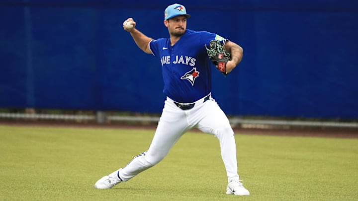 Feb 11, 2026; Dunedin, FL, USA;  Toronto Blue Jays pitcher Connor Seabold (91) works out for spring training practice at Blue Jays Player Development Complex. Mandatory Credit: Kim Klement Neitzel-Imagn Images