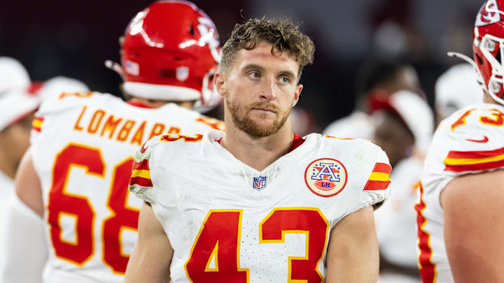 Aug 9, 2025; Glendale, Arizona, USA; Kansas City Chiefs linebacker Jack Cochrane (43) against the Arizona Cardinals during a preseason NFL game at State Farm Stadium. Mandatory Credit: Mark J. Rebilas-Imagn Images
