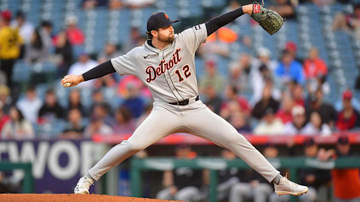 May 1, 2025; Anaheim, California, USA; Detroit Tigers pitcher Casey Mize (12) throws against the Los Angeles Angels during the first inning at Angel Stadium.