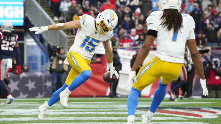 Los Angeles Chargers wide receiver Ladd McConkey celebrates with wide receiver Quertin Johnston after scoring a touchdown against the New England Patriots. Los Angeles Chargers wide receiver Ladd McConkey celebrates with wide receiver Quertin Johnston after scoring a touchdown against the New England Patriots.