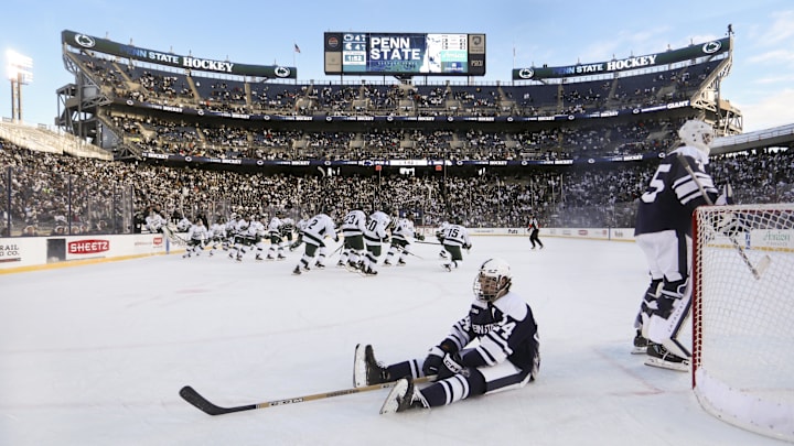 Jan 31, 2026; State College, PA, USA; Penn State Nittany Lions defenseman Jarod Crespo (24) reacts after Michigan State Spartans forward Charlie Stramel (15) (not pictured) scored the winning goal during overtime at Beaver Stadium. 