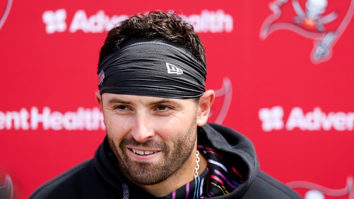 Tampa Bay Buccaneers quarterback Baker Mayfield gives a press conference after mini camp.