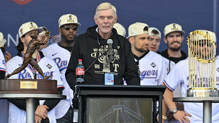Nov 3, 2023; Arlington, TX, USA; Texas Rangers owner Ray Davis speaks to the fans during the celebration outside of the ballpark after the World Series championship parade at Globe Life Field.