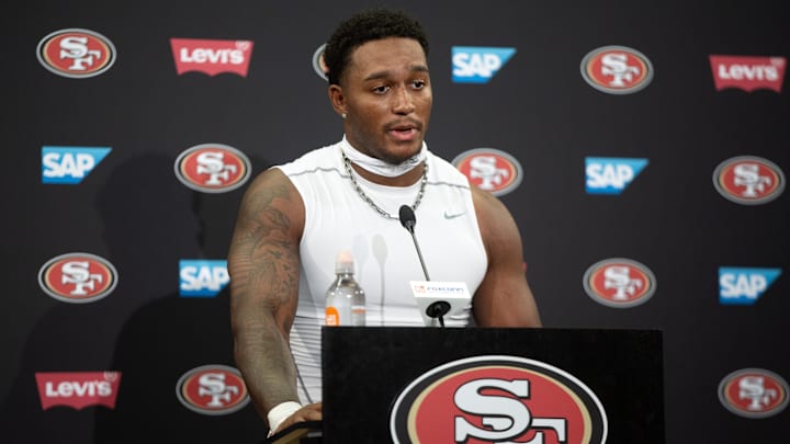 Jul 24, 2025; Santa Clara, CA, USA; San Francisco 49ers linebacker Dee Winters answers questions from reporters following the second day of training camp. Mandatory Credit: D. Ross Cameron-Imagn Images