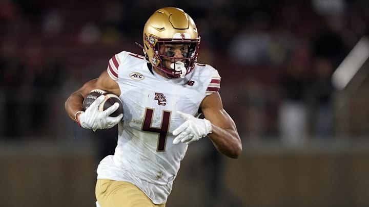 Sep 13, 2025; Stanford, California, USA; Boston College Eagles wide receiver Reed Harris (4) runs after a catch against the Stanford Cardinal during the third quarter at Stanford Stadium. Mandatory Credit: Darren Yamashita-Imagn Images Sep 13, 2025; Stanford, California, USA; Boston College Eagles wide receiver Reed Harris (4) runs after a catch against the Stanford Cardinal during the third quarter at Stanford Stadium. Mandatory Credit: Darren Yamashita-Imagn Images