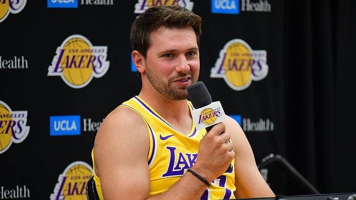 Sep 28, 2026; El Segundo, CA, USA; Los Angeles Lakers player Luka Doncic (77) during media day at UCLA Health Training Center.  Mandatory Credit: Gary A. Vasquez-Imagn Images