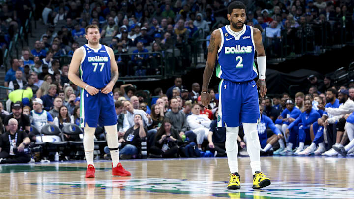 Feb 13, 2023; Dallas, Texas, USA;  Dallas Mavericks guard Luka Doncic (77) and Dallas Mavericks