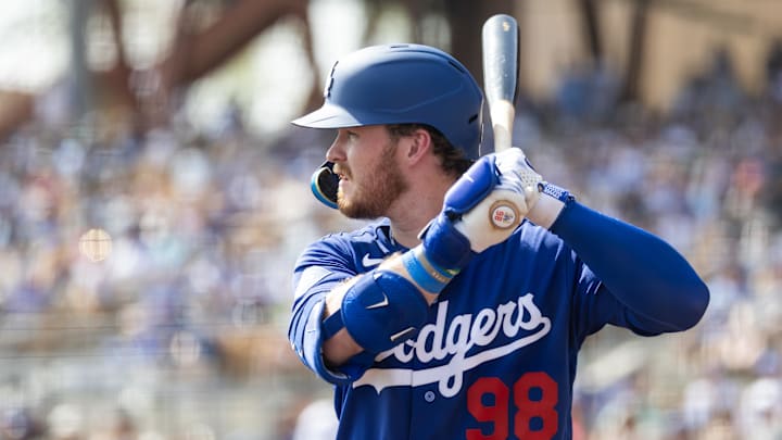 Feb 23, 2026; Phoenix, Arizona, USA; Los Angeles Dodgers first baseman James Tibbs III against the Seattle Mariners during a spring training game at Camelback Ranch-Glendale. Mandatory Credit: Mark J. Rebilas-Imagn Images
