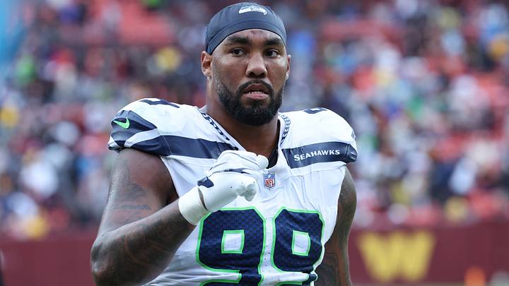 Seattle Seahawks  defensive tackle Leonard Williams looks on during the first half against the Washington Commanders.