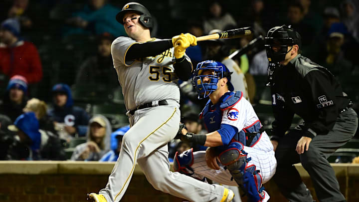 Apr 22, 2022; Chicago, Illinois, USA; Pittsburgh Pirates catcher Roberto Perez (55) hits a home run