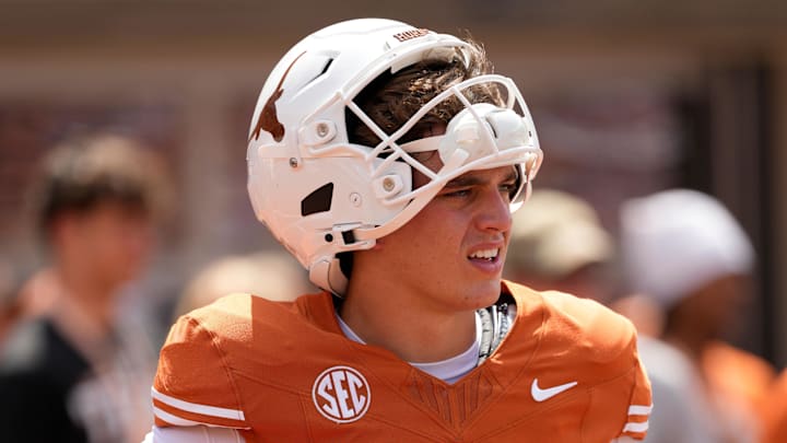 Sep 13, 2025; Austin, Texas, USA; Texas Longhorns quarterback Arch Manning (16) warms up before a game against the Texas El Paso Miners at Darrell K Royal-Texas Memorial Stadium. Mandatory Credit: Scott Wachter-Imagn Images