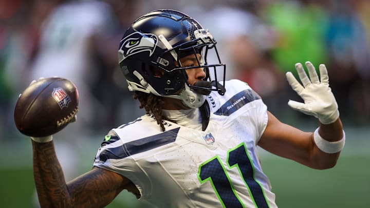 Oct 20, 2024; Atlanta, Georgia, USA; Seattle Seahawks wide receiver Jaxon Smith-Njigba (11) throws a pass against the Atlanta Falcons in the second quarter at Mercedes-Benz Stadium. Mandatory Credit: Brett Davis-Imagn Images Oct 20, 2024; Atlanta, Georgia, USA; Seattle Seahawks wide receiver Jaxon Smith-Njigba (11) throws a pass against the Atlanta Falcons in the second quarter at Mercedes-Benz Stadium. Mandatory Credit: Brett Davis-Imagn Images