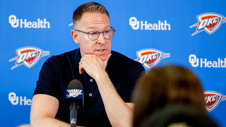 Sam Presti speaks to the press in Oklahoma City, on Tuesday, May 28, 2024.