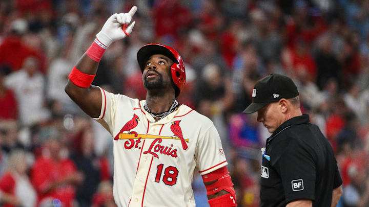 Apr 11, 2026; St. Louis, Missouri, USA; St. Louis Cardinals right fielder Jordan Walker (18) reacts after hitting a solo home run against the Boston Red Sox during the eighth inning at Busch Stadium. Mandatory Credit: Jeff Curry-Imagn Images