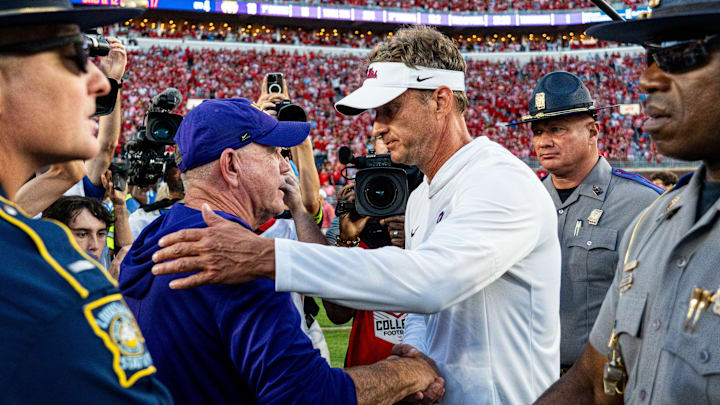 LSU head coach Brian Kelly and Ole Miss head coach Lane Kiffin shake hands after a college football game between Ole Miss and LSU at Vaught-Hemingway Stadium in Oxford, Miss., on Saturday, Sept. 27, 2025. Ole Miss defeated LSU 24-19.