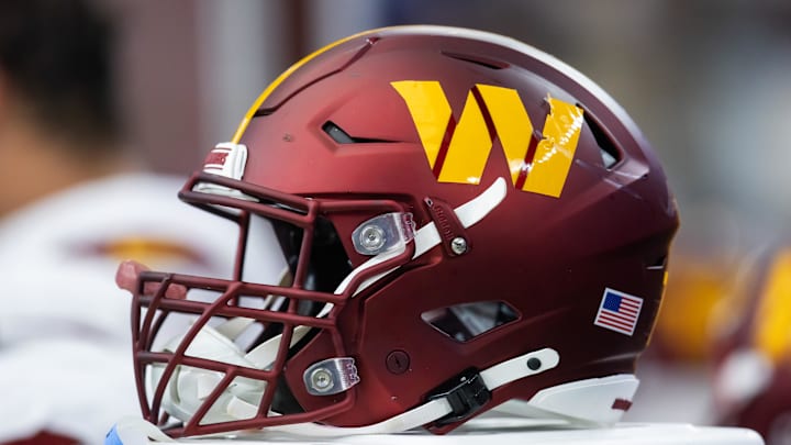 Sep 29, 2024; Glendale, Arizona, USA; Detailed view of a Washington Commanders helmet at State Farm Stadium. Mandatory Credit: Mark J. Rebilas-Imagn Images
