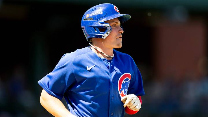 Mar 24, 2026; Mesa, Arizona, USA; Chicago Cubs first baseman Josiah Hartshorn against the New York Yankees during spring training at Sloan Park. Mandatory Credit: Mark J. Rebilas-Imagn Images