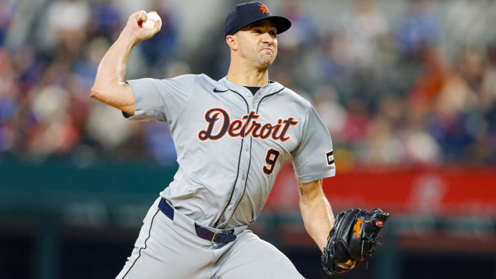 Jun 4, 2024; Arlington, Texas, USA; Detroit Tigers pitcher Jack Flaherty (9) throws during the fourth inning against the Texas Rangers at Globe Life Field.