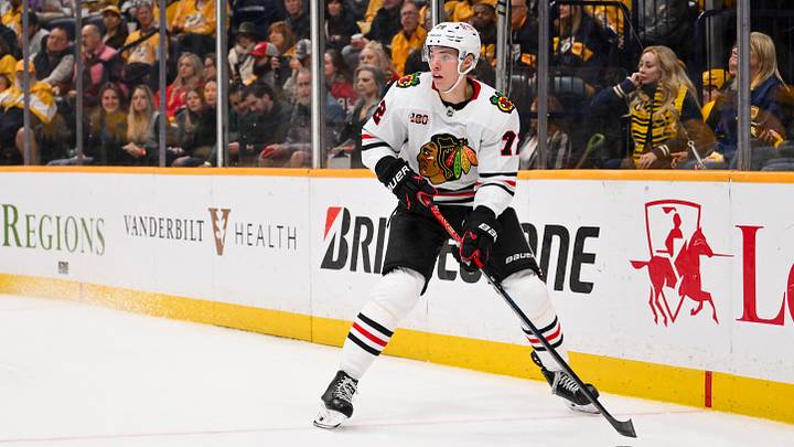 Feb 26, 2026; Nashville, Tennessee, USA;  Chicago Blackhawks defenseman Alex Vlasic (72) skates with the puck against the Nashville Predators during the second period at Bridgestone Arena. Mandatory Credit: Steve Roberts-Imagn Images