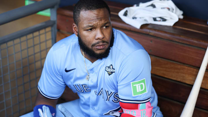 Oct 29, 2025; Los Angeles, California, USA; Toronto Blue Jays first baseman Vladimir Guerrero Jr. (27) looks on before the game against the Los Angeles Dodgers during game five of the 2025 MLB World Series at Dodger Stadium. 