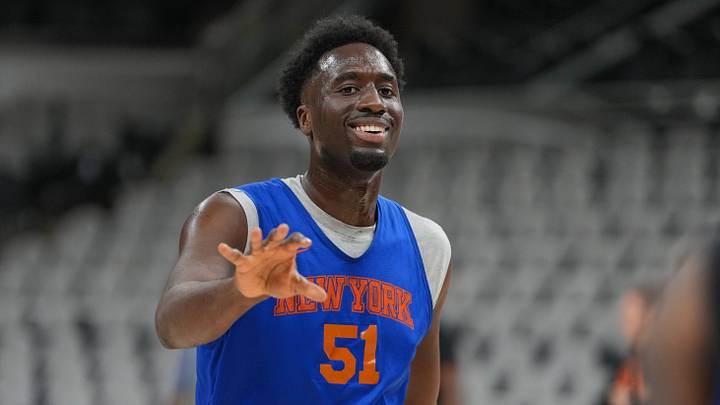 Jun 2, 2026; San Antonio, TX, USA;  New York Knicks forward Mohamed Diawara (51) smiles during practice on media day for the 2026 NBA Finals at Frost Bank Center. Mandatory Credit: Daniel Dunn-Imagn Images