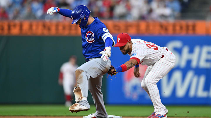 Sep 24, 2024; Philadelphia, Pennsylvania, USA; Chicago Cubs outfielder Seiya Suzuki (27) slides into second against Philadelphia Phillies infielder Edmundo Sosa (33) after hitting a double in the first inning at Citizens Bank Park. Mandatory Credit: Kyle Ross-Imagn Images Sep 24, 2024; Philadelphia, Pennsylvania, USA; Chicago Cubs outfielder Seiya Suzuki (27) slides into second against Philadelphia Phillies infielder Edmundo Sosa (33) after hitting a double in the first inning at Citizens Bank Park. Mandatory Credit: Kyle Ross-Imagn Images